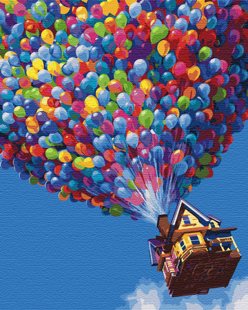 Abflug - Fliegendes Haus auf bunten Luftballons Malen nach Zahlen