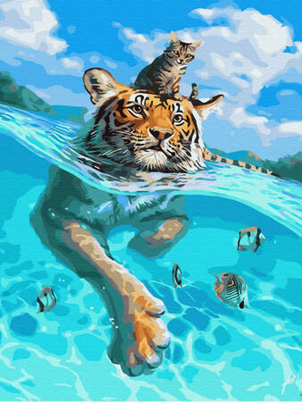 Diamant-Stickerei ohne Rahmen, Katze schwimmt auf einem Tiger, 30 x 40, Diamant-Mosaik 5D