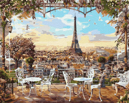 Ein Café mit Blick auf den Eiffelturm. Malen nach Zahlen