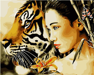 Ein Mädchen mit einer Lilie und einer Tigerin Malen nach Zahlen