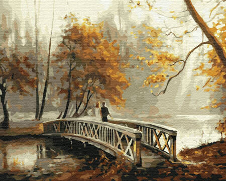 Eine Brücke in einem Herbstpark. Malen nach Zahlen