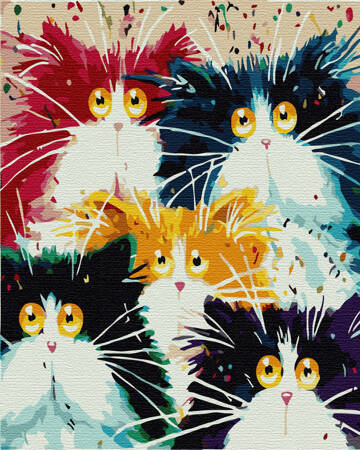 Fünf bunte Katzen, die nach Zahlen malen