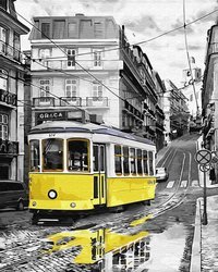 Gelbe Straßenbahn auf der regnerischen Straße, Malen nach Zahlen
