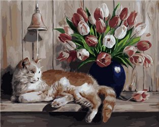 Katze und Tulpen Malen nach Zahlen