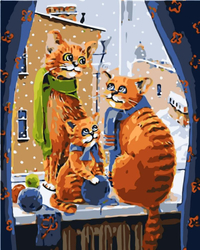 Katzenfamilie am Fenster Malen nach Zahlen