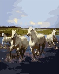 Laufende weiße Pferde, die nach Zahlen malen
