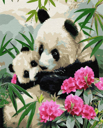 Pandas - Mutter mit Baby in den Blumen, die durch Zahlen malen
