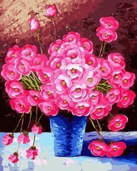 Rosa Blumen in einer blauen Vase. Malen nach Zahlen