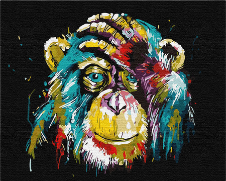 Schimpanse in hellen Farben, die nach Zahlen malen
