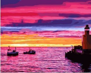 Sonnenuntergang am Pier. Malen nach Zahlen