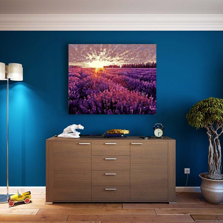 Sonnenuntergang über einem 50x65 Lavendelfeld, das durch Zahlen malt