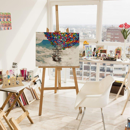 Fliegendes Schiff auf bunten Ballons Malen nach Zahlen ohne Rahmen