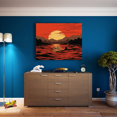 Ein feuriger Sonnenuntergang über dem Fluss Malen Nach Zahlen