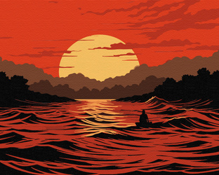 Ein feuriger Sonnenuntergang über dem Fluss Malen Nach Zahlen