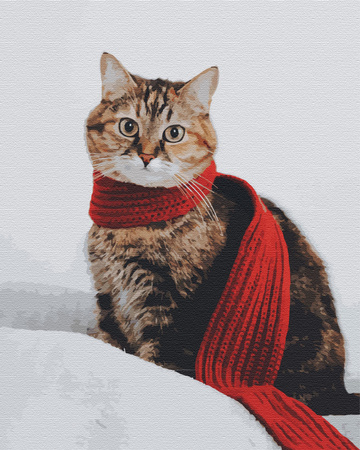 Katze mit rotem Schal vor winterlichem Hintergrund Malen Nach Zahlen