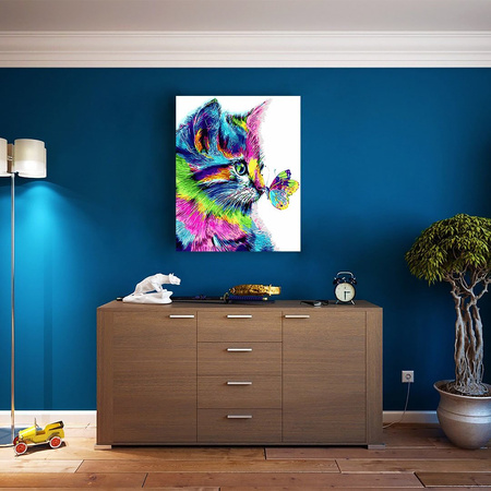 Regenbogenkatze mit Schmetterlings Malen nach Zahlen ohne Rahmen