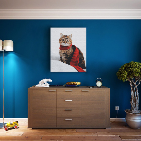 Katze mit rotem Schal vor winterlichem Hintergrund Malen Nach Zahlen