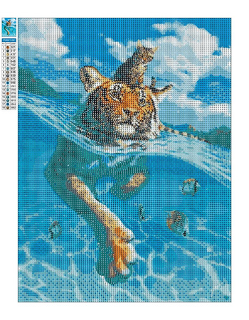Diamant-Stickerei ohne Rahmen, Katze schwimmt auf einem Tiger, 30 x 40, Diamant-Mosaik 5D