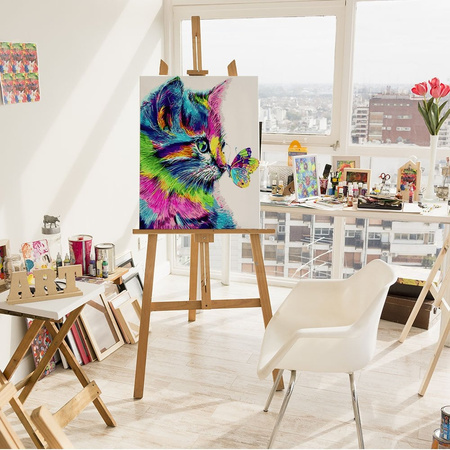 Regenbogenkatze mit Schmetterlings Malen nach Zahlen ohne Rahmen