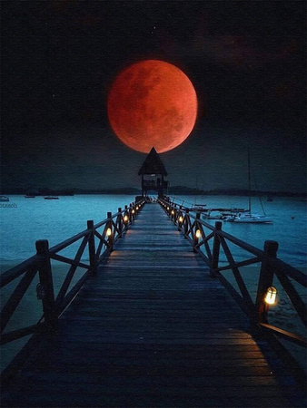 Diamantstickerei ohne Rahmen, Blick auf das Meer und den roten Mond, 30 x 40, Diamantmosaik 5D