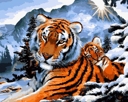 Muttertiger und Tigerjunges malen nach Zahlen