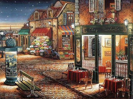 Gemütliche Straße mit Cafétischen 40x30cm Diamantmalerei Mosaik