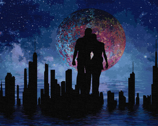 Silhouetten von Liebenden vor dem Hintergrund einer Weltraumstadt Malen Nach Zahlen