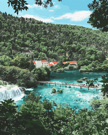Dorf am Wasserfall Malen Nach Zahlen