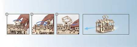 Straßenbahn auf Schienen. Mechanisches Modell zum Zusammenklappen
