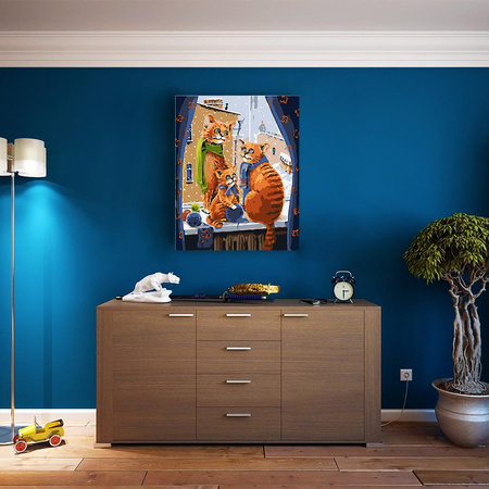 Katzenfamilie am Fenster Malen nach Zahlen