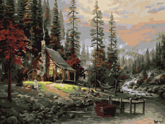 Diamant-Stickerei ohne Rahmen, Waldhaus am Fluss, 30 x 40, Diamant-Mosaik 5D