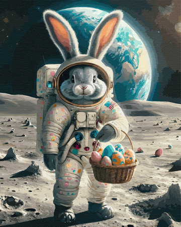 Ein Weltraumhase mit einem Korb voller Ostereier Malen Nach Zahlen