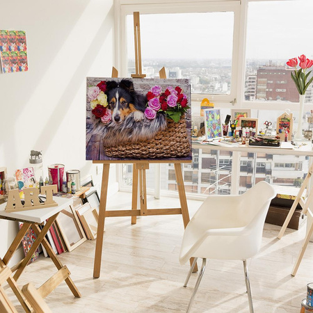 Hund im Körbchen mit Blumen, 30x40cm Malen nach Zahlen