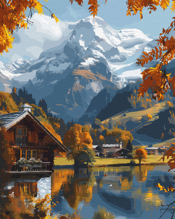 Herbstliche Berglandschaft mit Hütte am See Malen Nach Zahlen