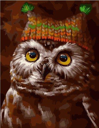 Eine Eule in einer Kappe. Malen nach Zahlen