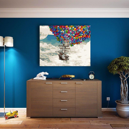 Fliegendes Schiff auf bunten Ballons Malen nach Zahlen ohne Rahmen